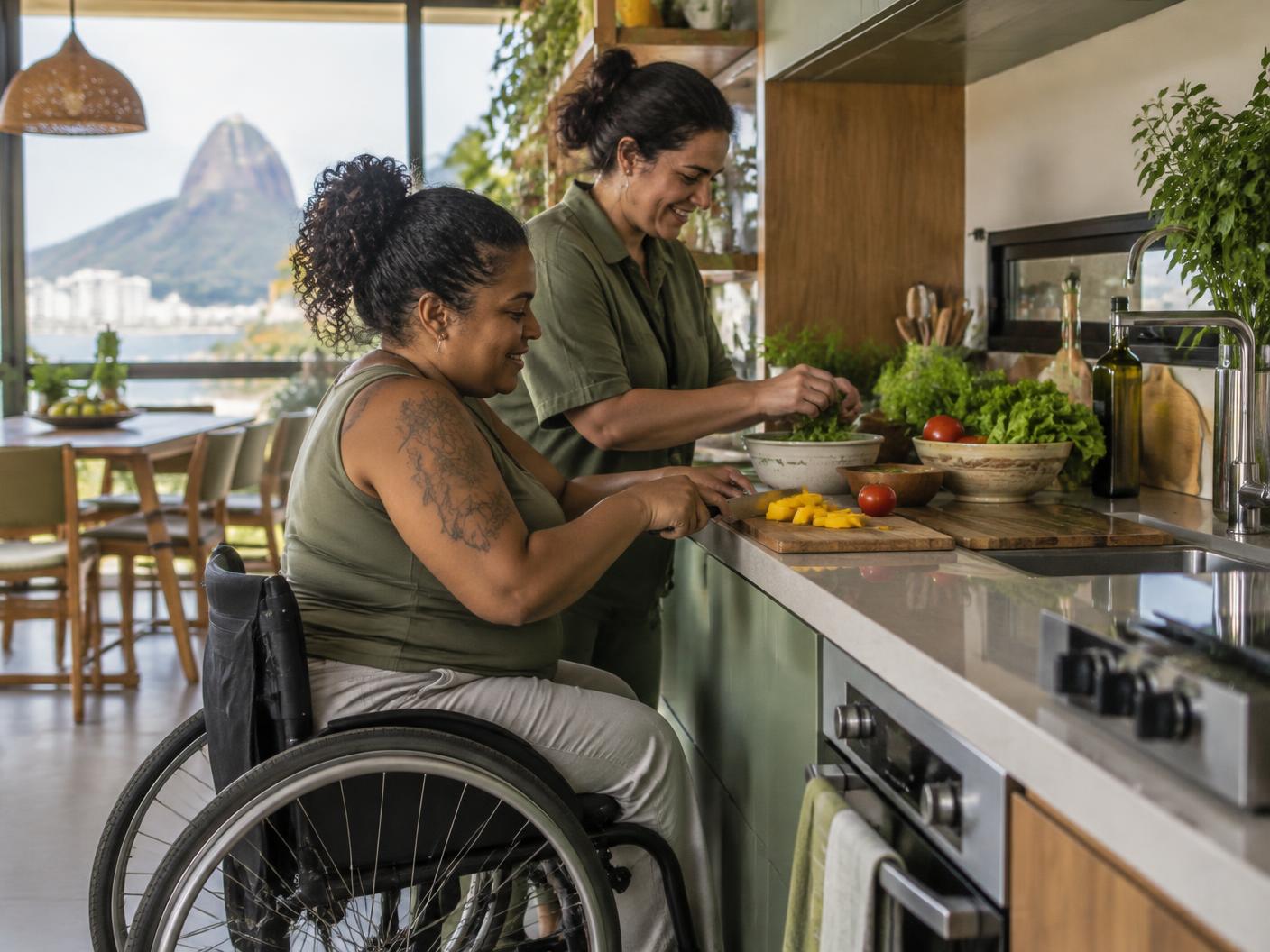 Moradora e profissional preparam uma refeição juntas em uma cozinha acessível