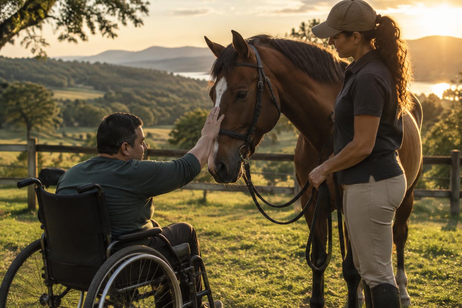 Participante em cadeira de rodas interage com um cavalo acompanhado por profissional